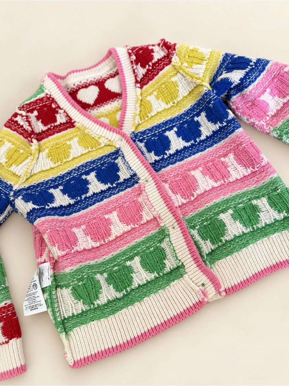 Mini Boden Kids Flora Fun V-Neck Cardigan Rainbow Hearts Knit Sweater Size 5-6Y